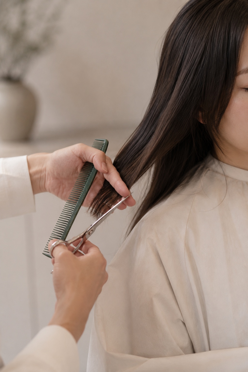 髪を丁寧にカットする美容師の手元